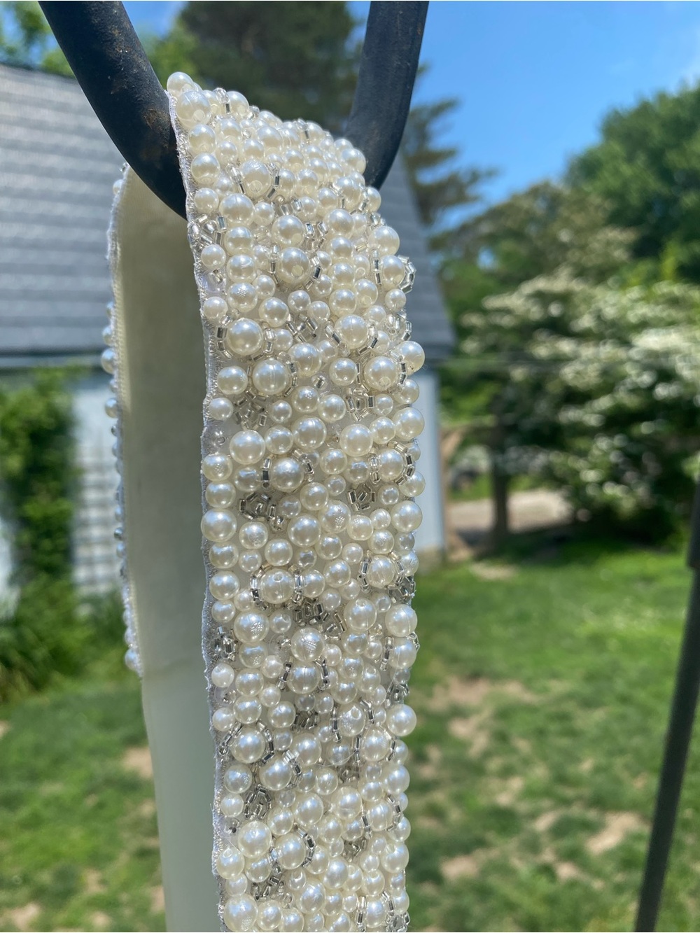 Elegant Pearl Beaded Ribbon Belt - White, Ivory and Silver
